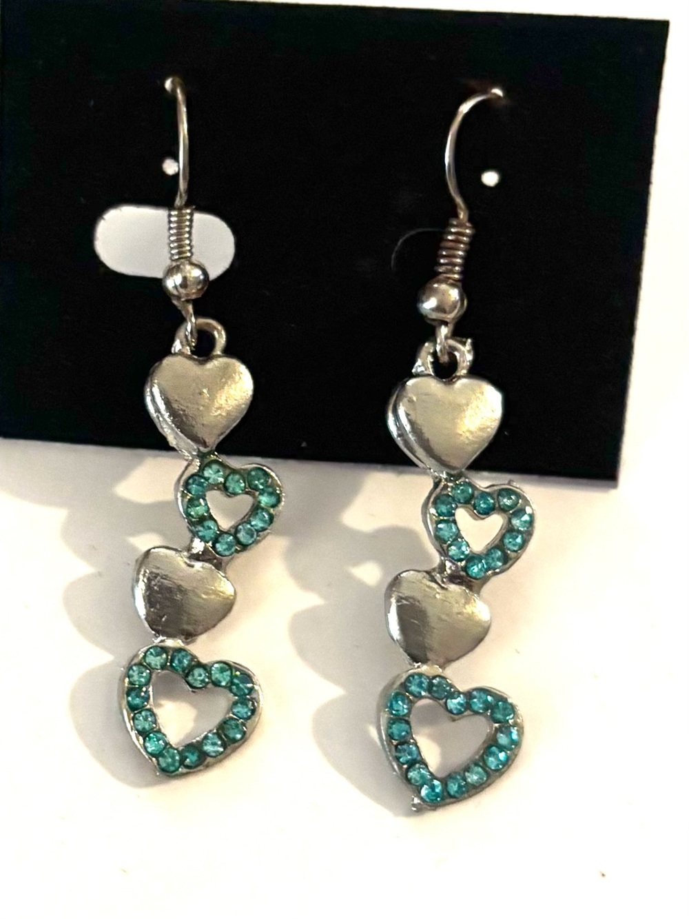 Fashion Jewelry Silver-Tone Heart Dangle Earrings with Teal Crystals